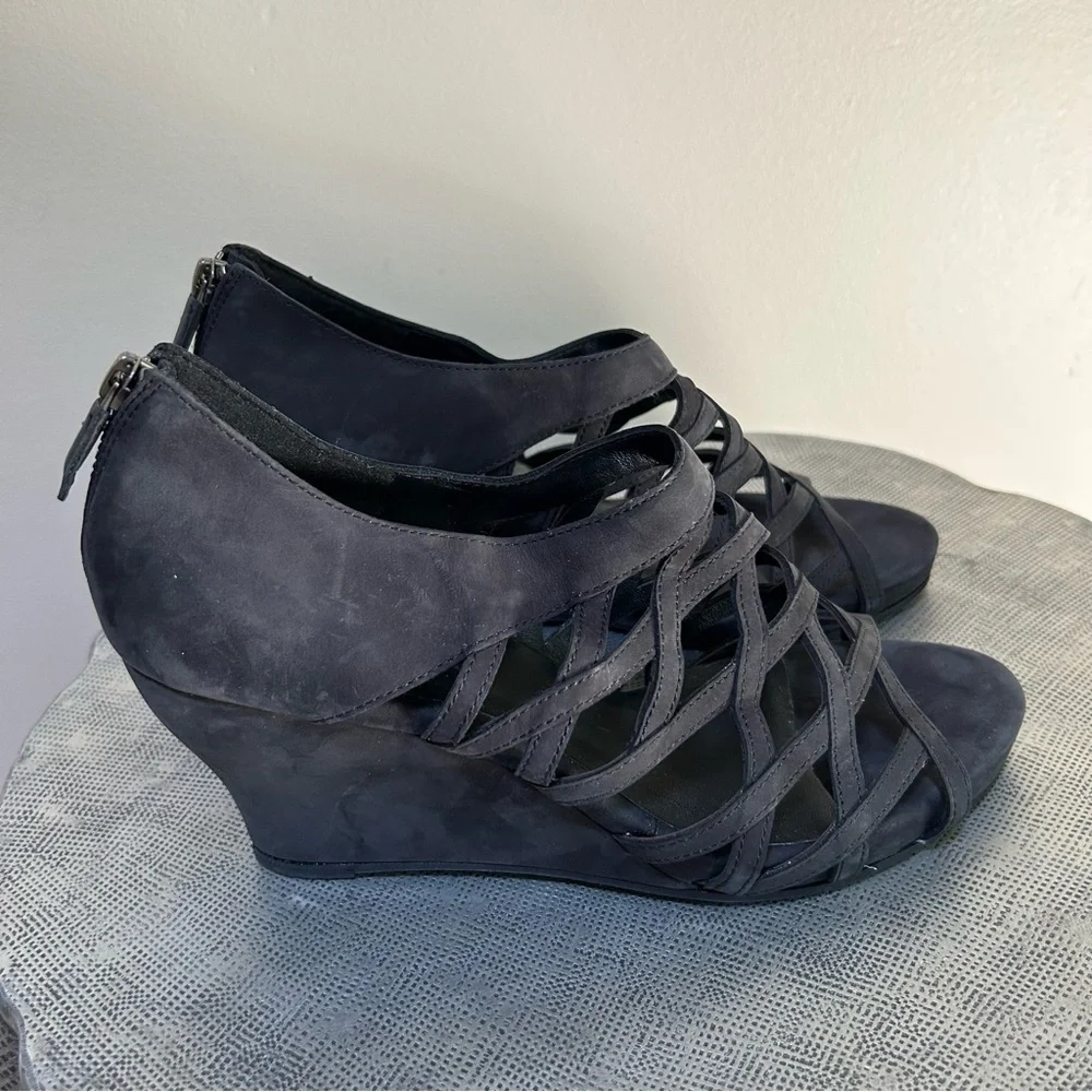 Eileen Fisher ~Black Cage Open Toe Italian Leather Nubuck Wedges Shoes size 9.5